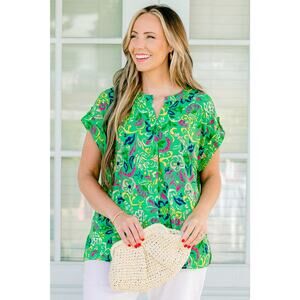 Dear Scarlett Plus Size 2X Printed Short Sleeve Lizzy Popover Top Green